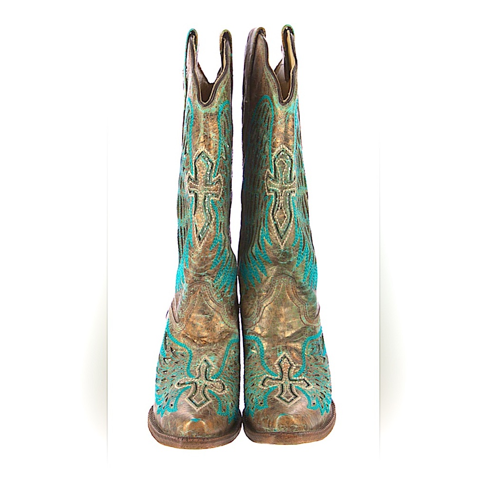 Practically New Corral Midcalf Leather Turquoise and Brown Western Boots Size